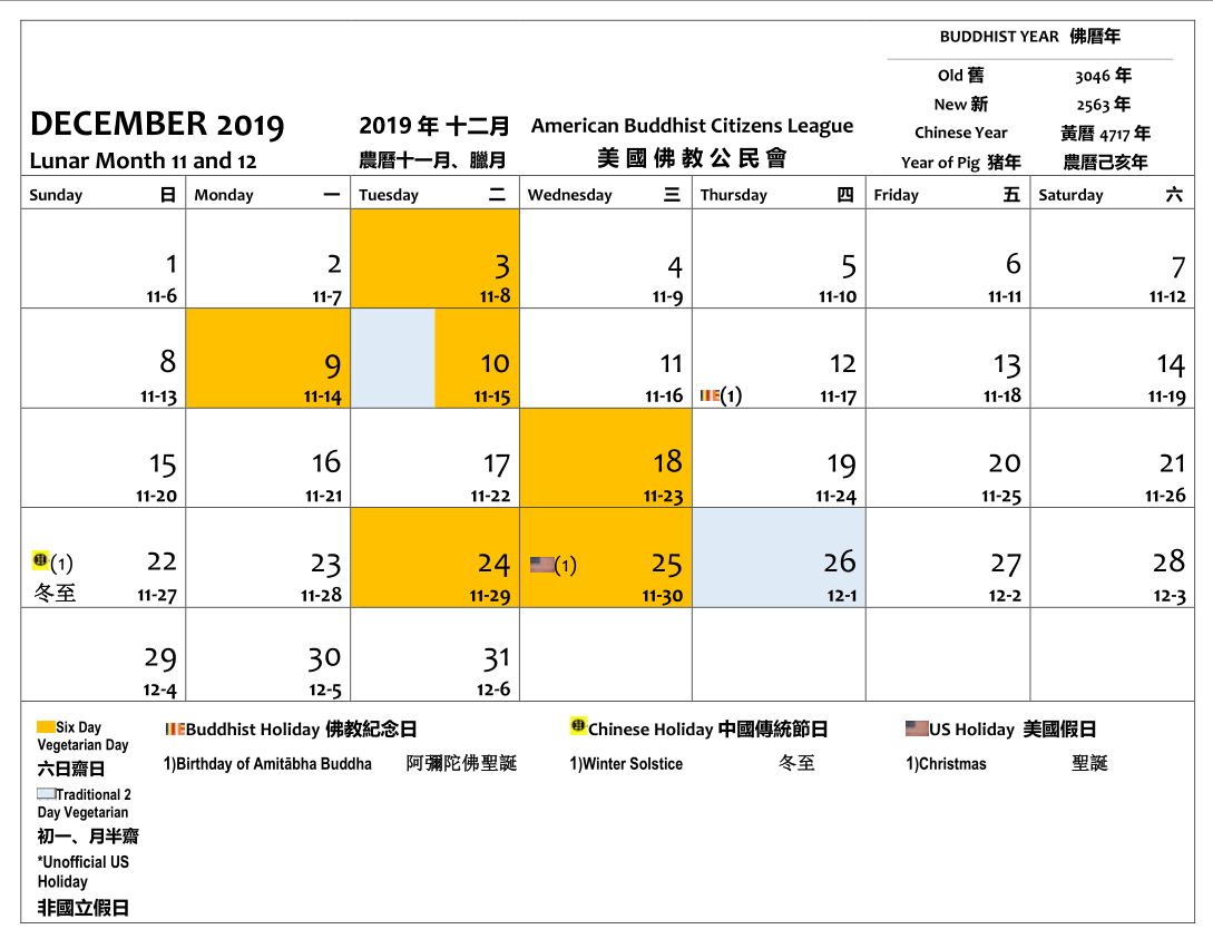 December 2019. The 3, 9, 10, 18, 24 and 25 day are Six Day Vegan Days. The 10 and 26 are 2 Day Vegan Days. The 12 is a Buddhist holiday - the birthday of Amitabha Buddha.  The 22 is the winter solstice.  The 25 is Christmas.